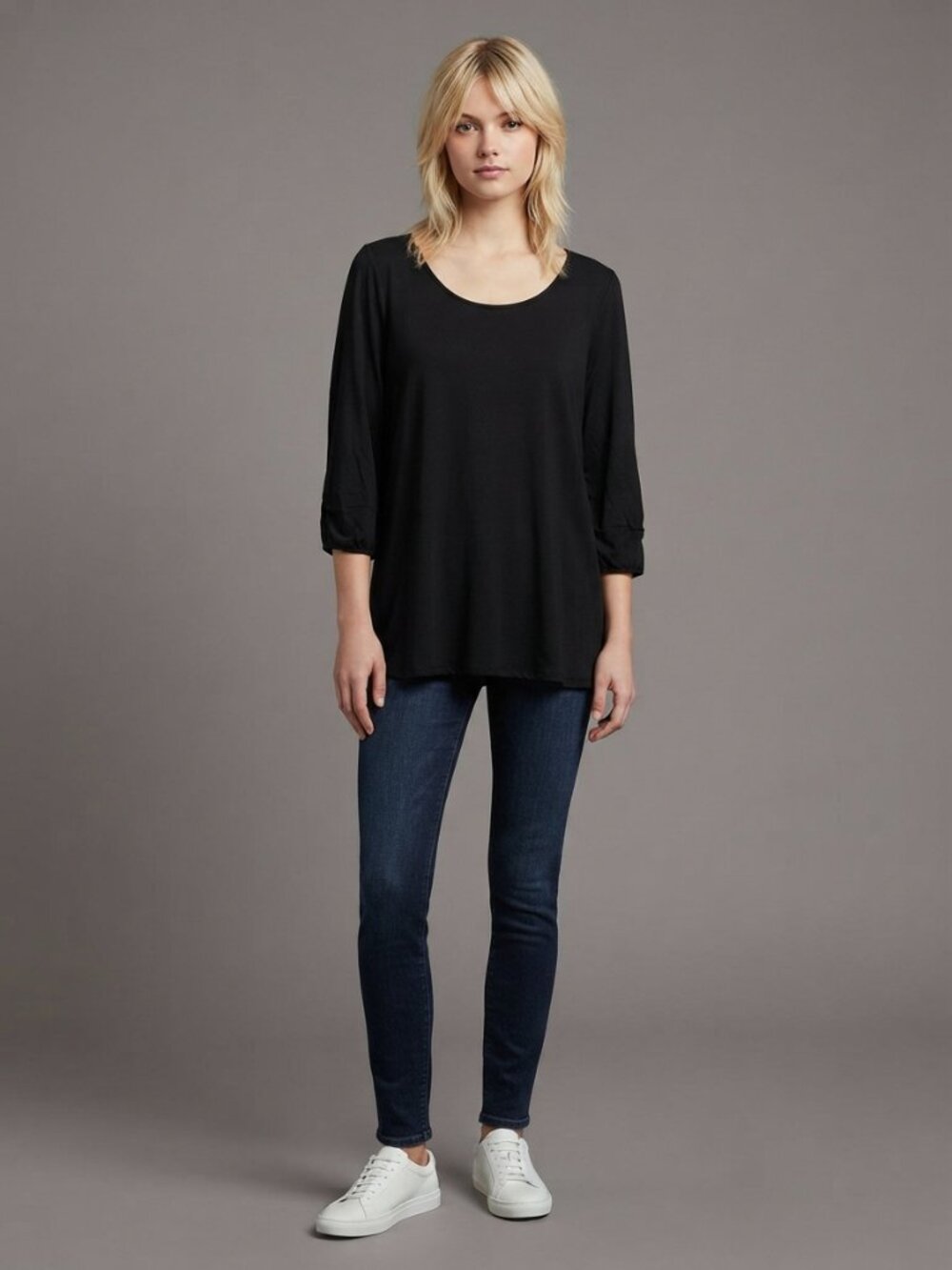 J. Jill Wearever Scoop Neck Stretch Tunic Top 3/4 Sleeve Black Large #A4607